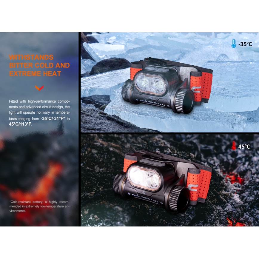 Fenix HM65RTV20BLC - Светодиодный аккумуляторный налобный фонарь с регулированием яркости LED/USB/2xCR123A IP68 3400 mAh черный/оранжевый