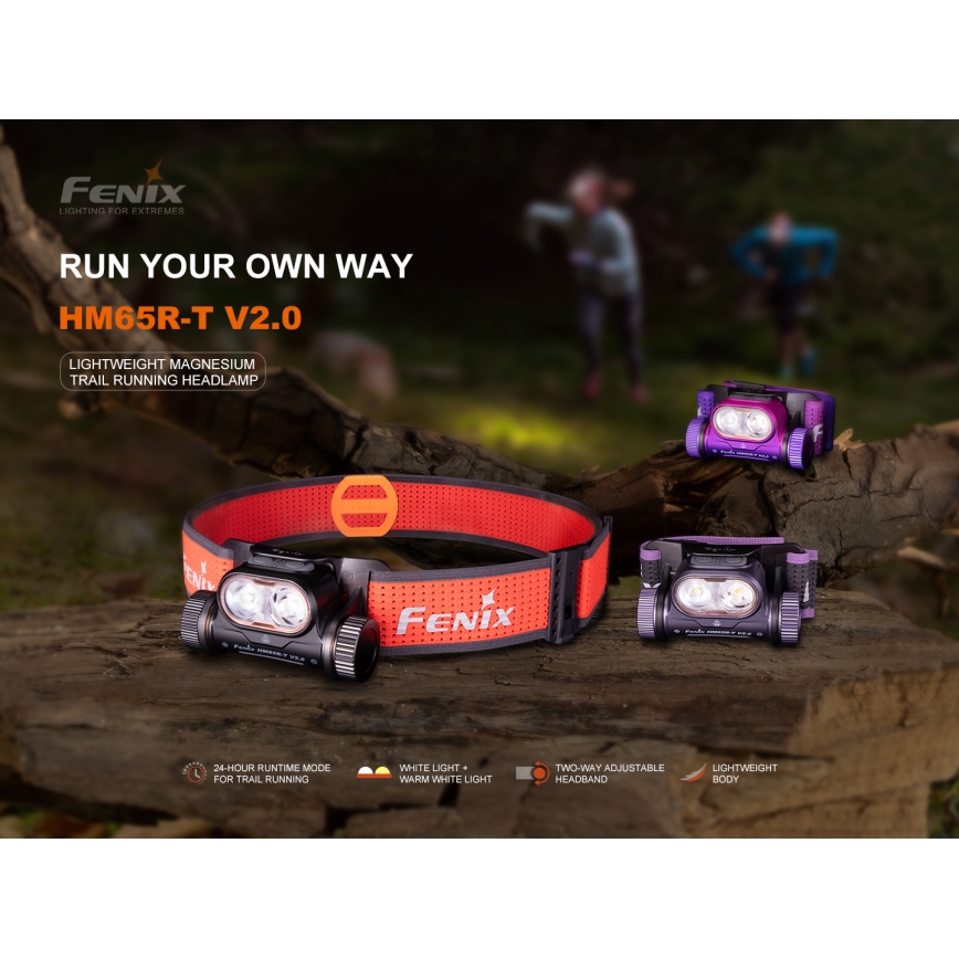 Fenix HM65RTV20PRP - LED Акумуляторний налобний ліхтар з регулюванням яскравості LED/USB/2xCR123A IP68 1600 лм 300год. 3400 mAh чорний/фіолетовий