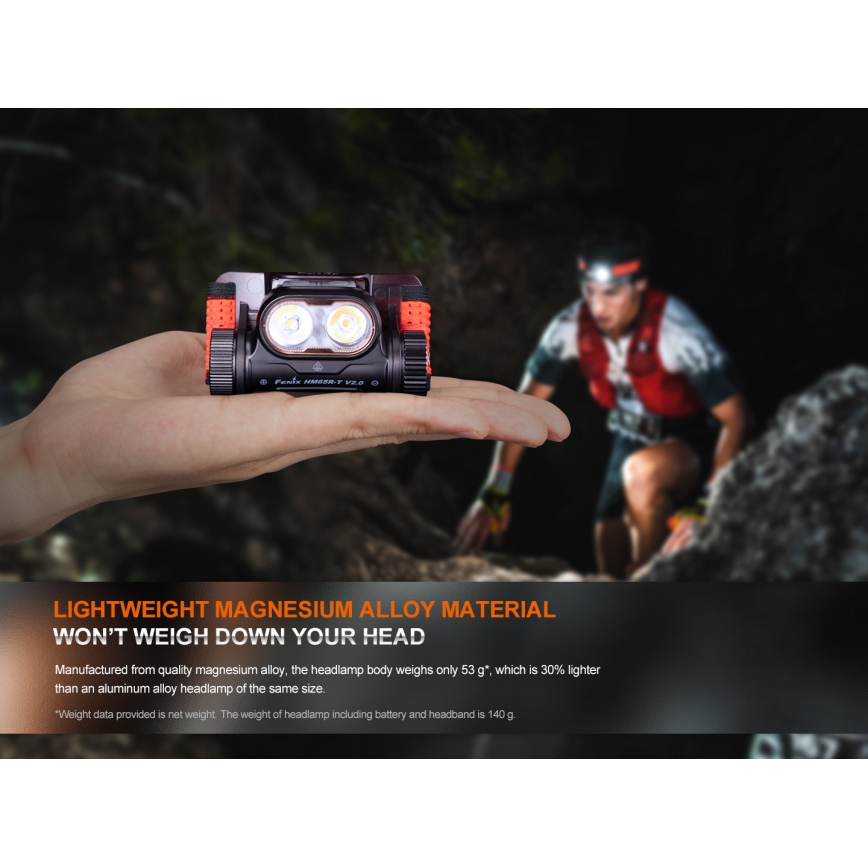 Fenix HM65RTV20PRP - LED Акумуляторний налобний ліхтар з регулюванням яскравості LED/USB/2xCR123A IP68 1600 лм 300год. 3400 mAh чорний/фіолетовий
