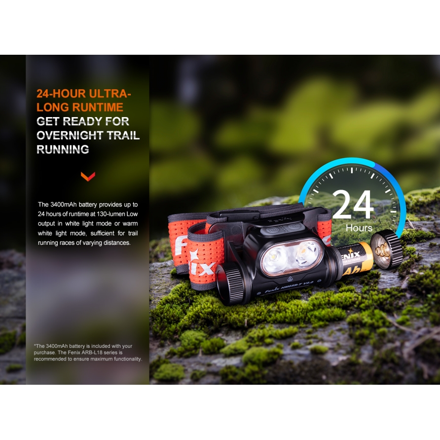 Fenix HM65RTV20PRP - LED Акумуляторний налобний ліхтар з регулюванням яскравості LED/USB/2xCR123A IP68 1600 лм 300год. 3400 mAh чорний/фіолетовий