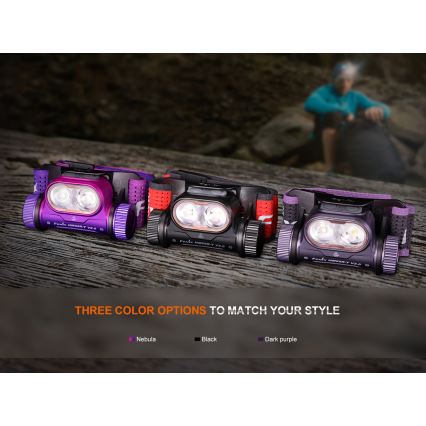 Fenix HM65RTV20PRP - LED Акумуляторний налобний ліхтар з регулюванням яскравості LED/USB/2xCR123A IP68 1600 лм 300год. 3400 mAh чорний/фіолетовий