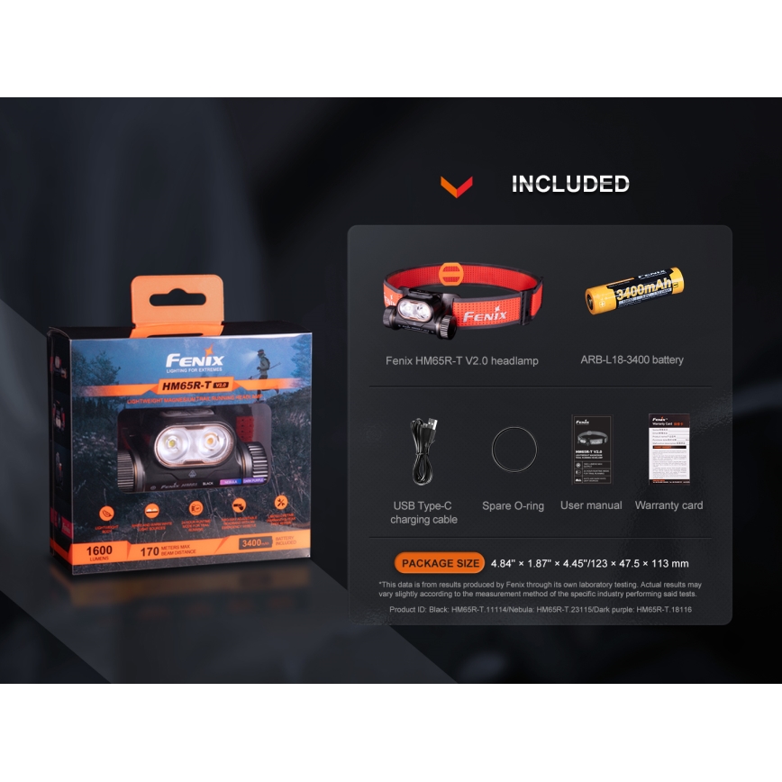 Fenix HM65RTV20PRP - LED Акумуляторний налобний ліхтар з регулюванням яскравості LED/USB/2xCR123A IP68 1600 лм 300год. 3400 mAh чорний/фіолетовий