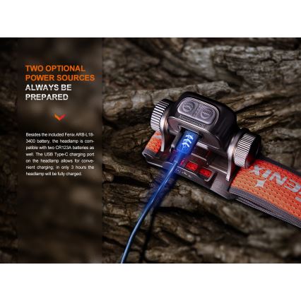 Fenix HM65RTV20PRP - Светодиодный аккумуляторный налобный фонарь с регулированием яркости LED/USB/2xCR123A IP68 1600  лм 300 ч 3400 mAh черный/фиолетовый