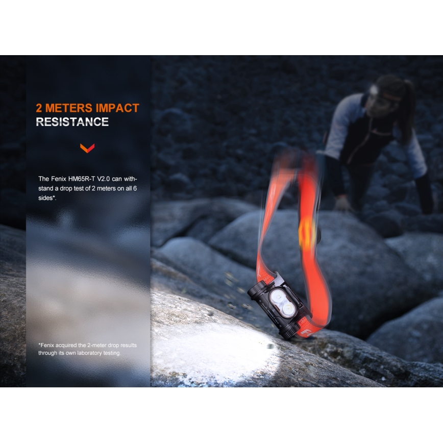 Fenix HM65RTV20PRP - Светодиодный аккумуляторный налобный фонарь с регулированием яркости LED/USB/2xCR123A IP68 1600  лм 300 ч 3400 mAh черный/фиолетовый