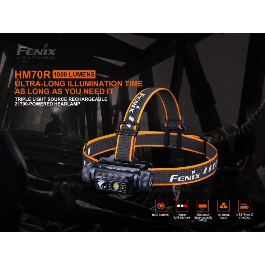 Fenix HM70R - Світлодіодний акумуляторний налобний ліхтар 4xLED/1x21700 IP68 1600 лм 800 год 5000 mAh