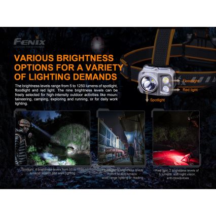 Fenix HP16R1250 - Світлодіодний акумуляторний налобний ліхтар 3xLED/USB 4xAA IP66 1250 лм 600 год. 3000 mAh