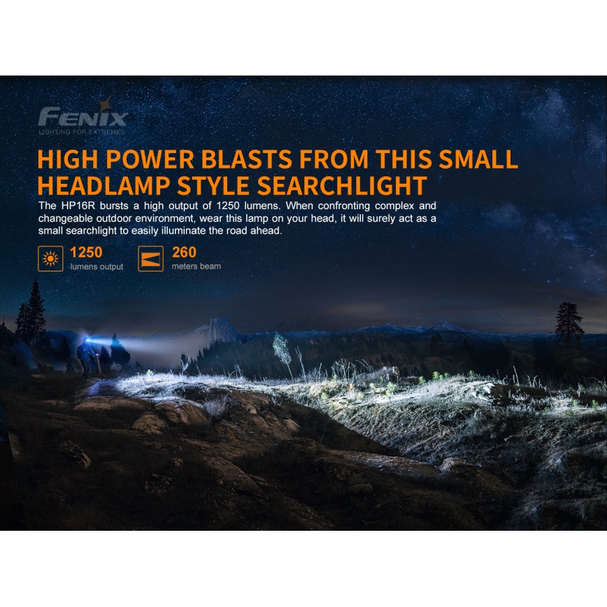 Fenix HP16R1250 - Світлодіодний акумуляторний налобний ліхтар 3xLED/USB 4xAA IP66 1250 лм 600 год. 3000 mAh