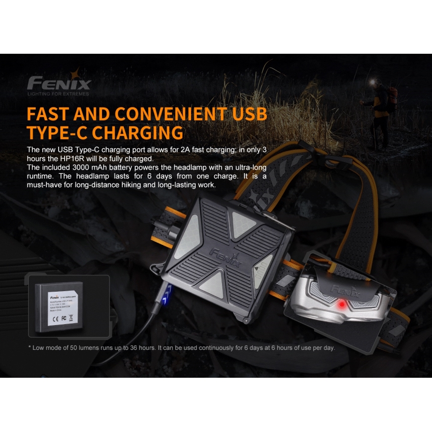 Fenix HP16R1250 - Світлодіодний акумуляторний налобний ліхтар 3xLED/USB 4xAA IP66 1250 лм 600 год. 3000 mAh
