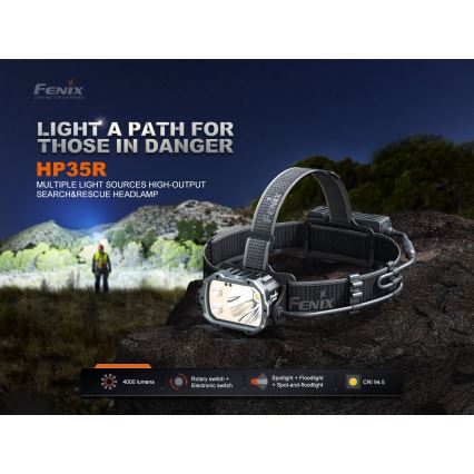 Fenix HP35R - налобний ліхтар LED з регульованою яскравістю, USB-заряджуваний, 5000 mAh, IP66, 4000 лм, 500 год, чорний