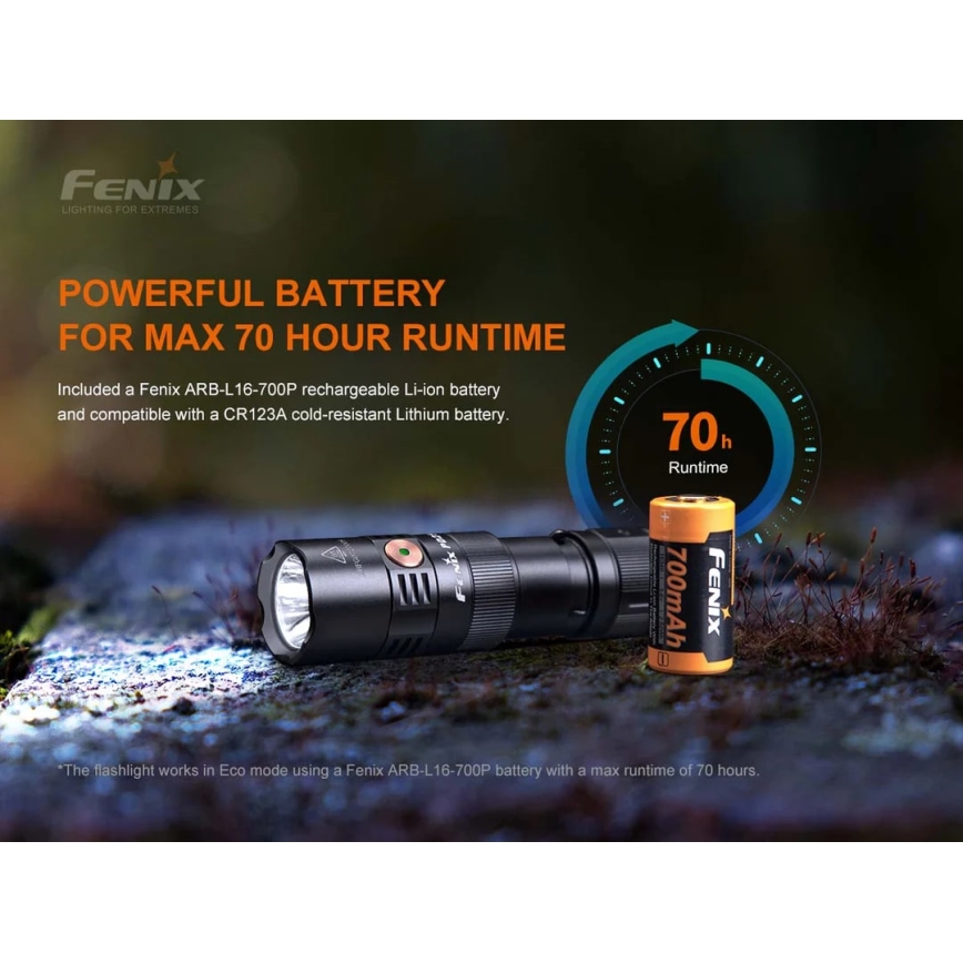 Fenix PD25R - Світлодіодний акумуляторний ліхтарик LED/USB/1xCR123A IP68 800 лм 70 год. 700 mAh