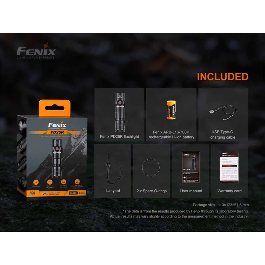 Fenix PD25R - Світлодіодний акумуляторний ліхтарик LED/USB/1xCR123A IP68 800 лм 70 год. 700 mAh