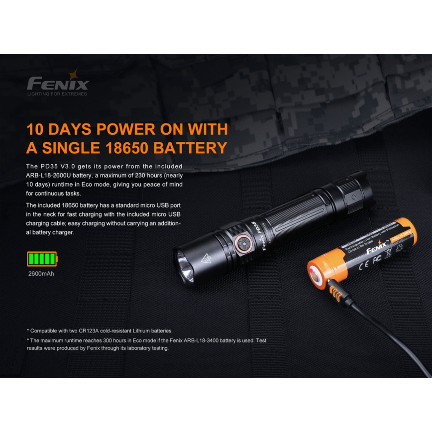 Fenix PD35V30 - Світлодіодний акумуляторний ліхтарик LED/USB/2xCR123A IP68 1700 лм 230 год. 2600 mAh
