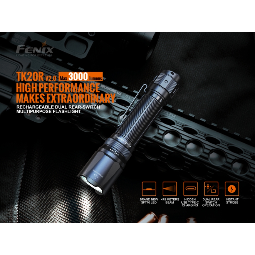 Fenix TK20RV20 - Светодиодный тактический аккумуляторный фонарь LED/USB IP68 3000 лм 48 часов