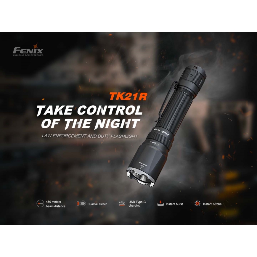 Fenix TK21RBLK - перезаряджуваний LED-ліхтар з регульованою яскравістю, LED/USB, 6000 mAh, IP68, 3600 лм, 72,5 год, чорний