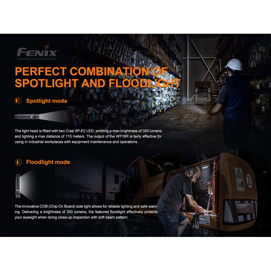 Fenix WT16R - Акумуляторний LED ліхтар 2xLED/USB IP66