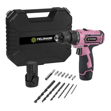 Fieldmann - Акумуляторний шуруповерт з аксесуарами 12V 1300 mAh рожевий/чорний