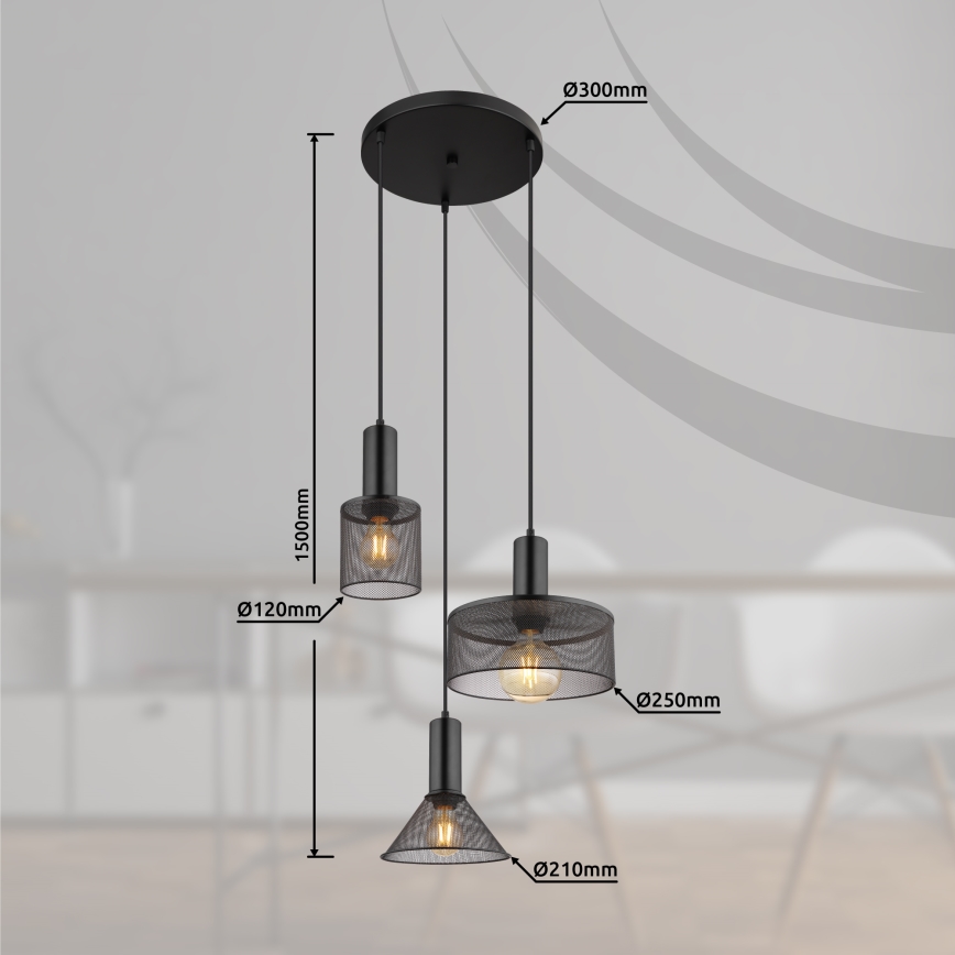 Globo - Підвісна люстра 3xE27/60W/230V чорний