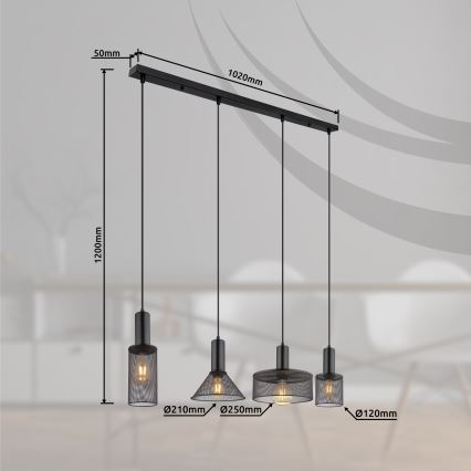 Globo - Підвісна люстра 4xE27/60W/230V чорний