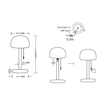 Globo - Светодиодная аккумуляторная настольная лампа LED/1,5W/3,7V 3000/4200/6000K 1800mAh черный