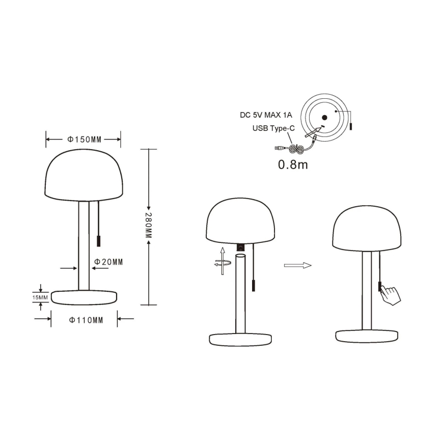 Globo - LED Акумуляторна настільна лампа LED/1,5W/3,7V 3000/4200/6000K 1800mAh чорний