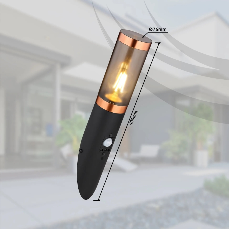 Globo - Вуличний настінний світильник з датчиком 1xE27/15W/230V IP44 чорний/мідь