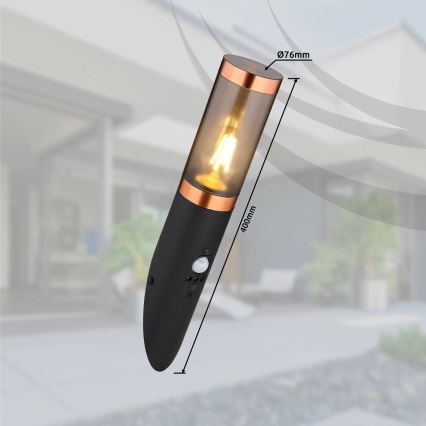 Globo - Вуличний настінний світильник з датчиком 1xE27/15W/230V IP44 чорний/мідь