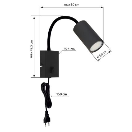 Globo - Гнучкий настінний світильник 1xGU10/25W/230V чорний