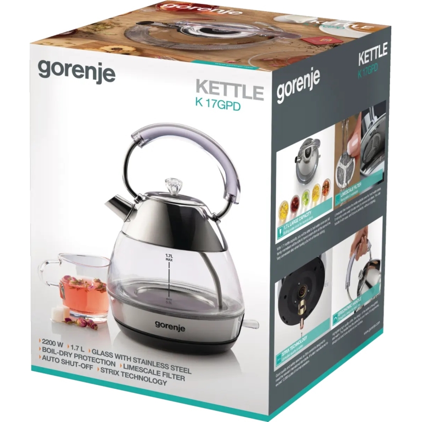 GORENJE K17GPD - Электрический чайник 1,7 л 2200 Вт/230 В прозрачный корпус/нержавеющая сталь