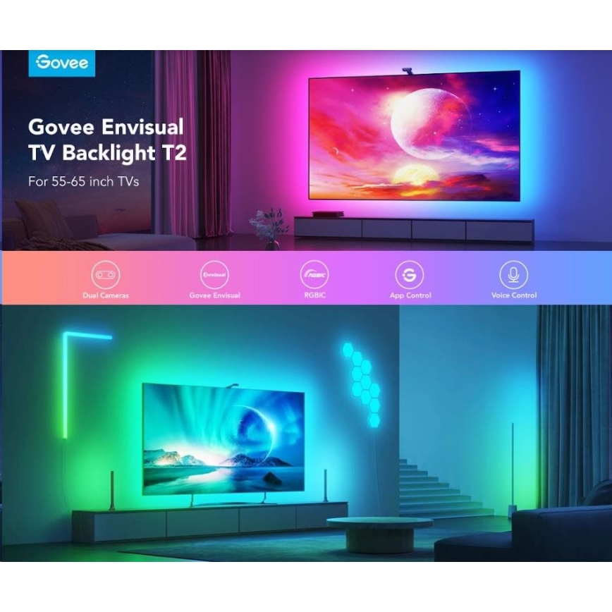 Govee - DreamView T2 DUAL TV 55-65 смарт-LED підсвічування RGBIC Wi-Fi + пульт дистанційного керування