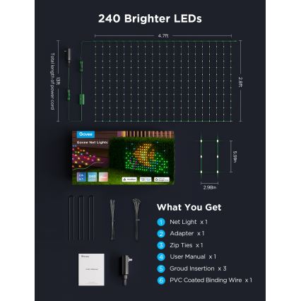 Govee - LED RGBIC Вулична мережа освітлення 143x85см Wi-Fi Matter IP65