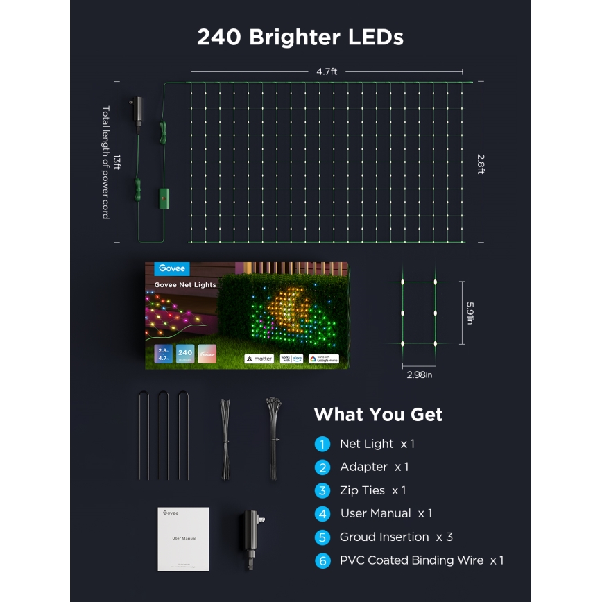 Govee - LED RGBIC Вулична мережа освітлення 143x85см Wi-Fi Matter IP65