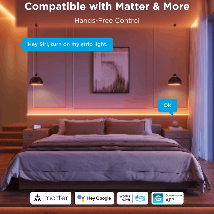 Govee - LED RGBICW Лента с регулированием яркости COB 3780 диоды 3 м Wi-Fi Matter