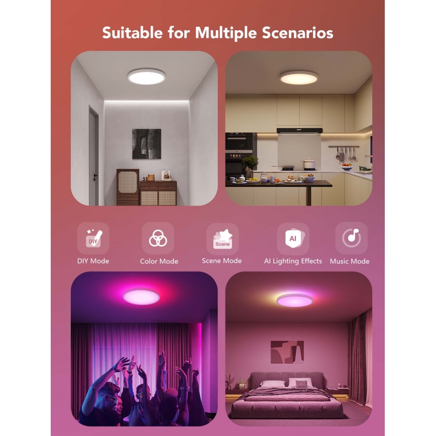 Govee - диммируемый светодиодный потолочный светильник RGBICWW, 29 Вт, 230 В, диаметр 30 см, матовый, Wi‑Fi