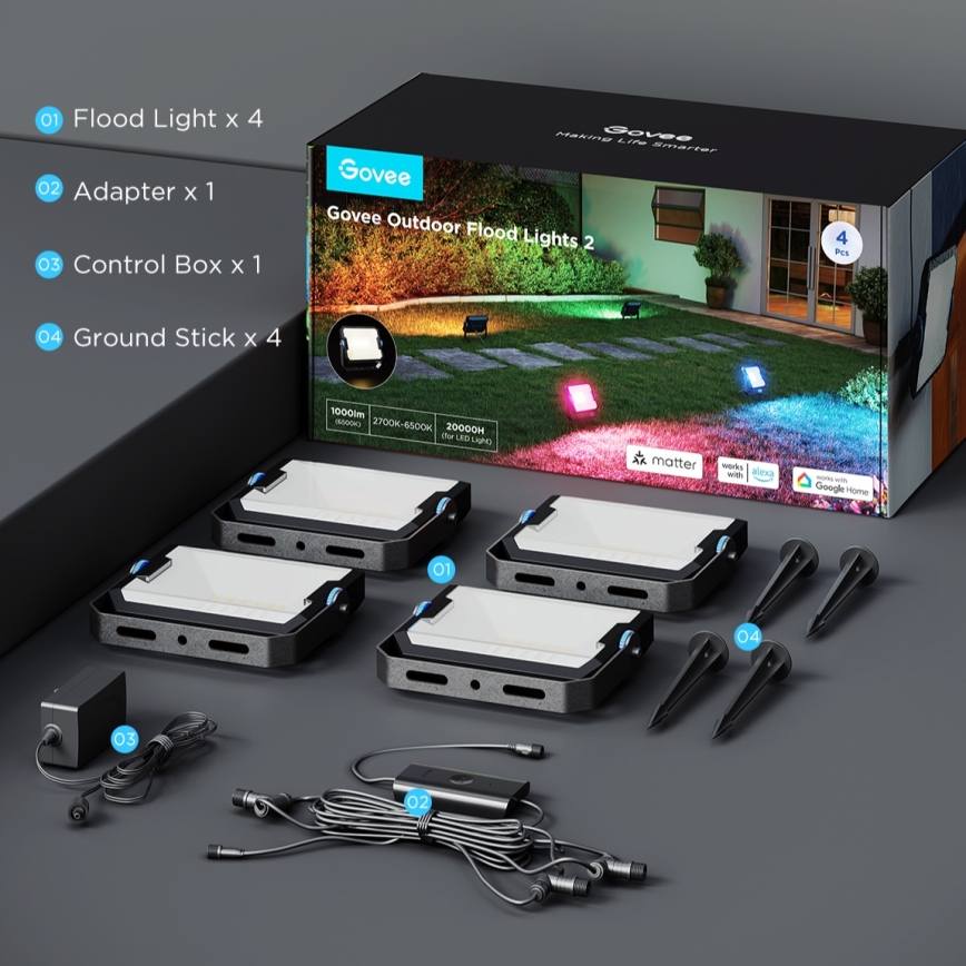 Govee - НАБОР 4x диммируемых светодиодных прожекторов RGBICWW LED/24W/230V IP66, совместимых с Matter и Wi-Fi