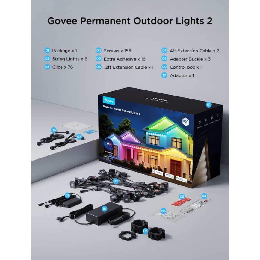 Govee - Светодиодная гирлянда RGBIC String Downlights 30 м Wi-Fi Matter IP67