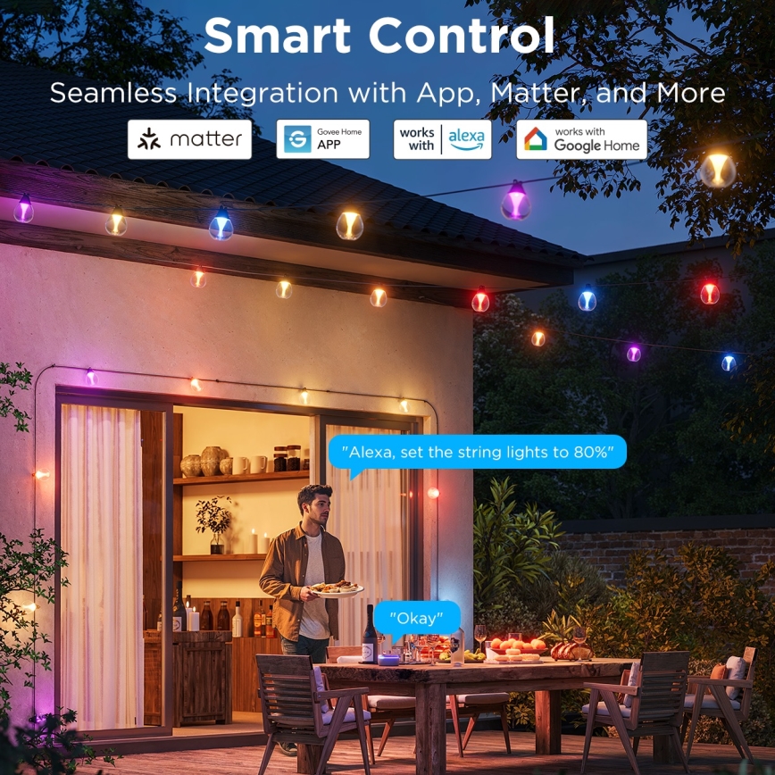 Govee - Светодиодная уличная декоративная RGBICW-гирлянда с регулированием яркости LED/24W/230V IP67 2700-6500K Wi-Fi