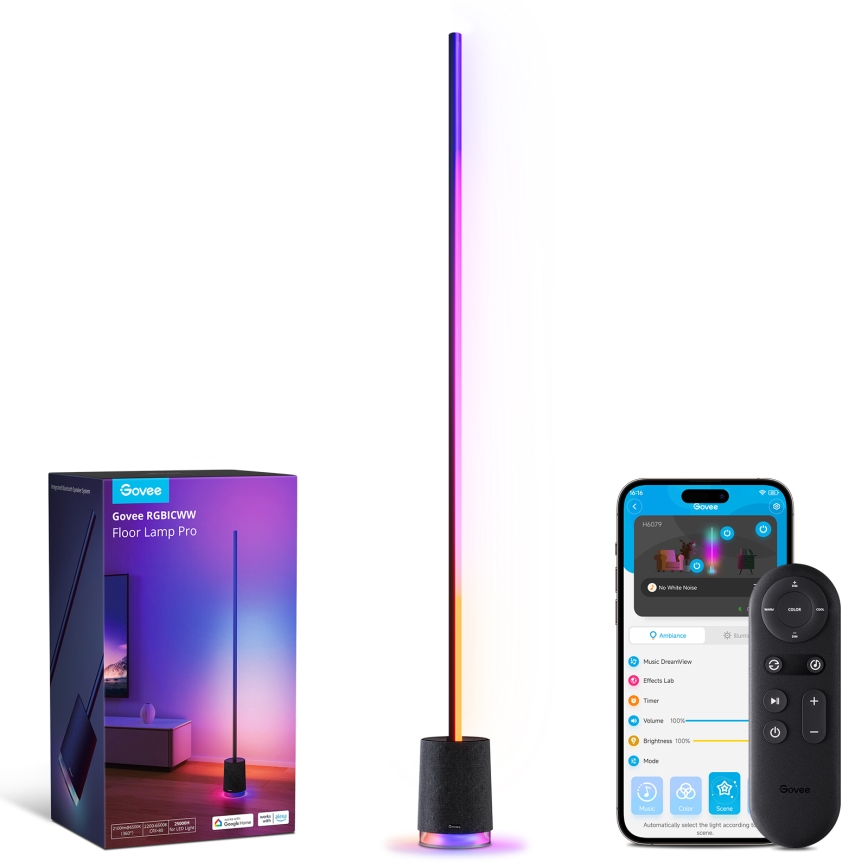 Govee - LED Торшер з регулюванням яскравості з динаміком Pro RGBICWW 2200-6500K Wi-Fi + пульт дистанційного керування