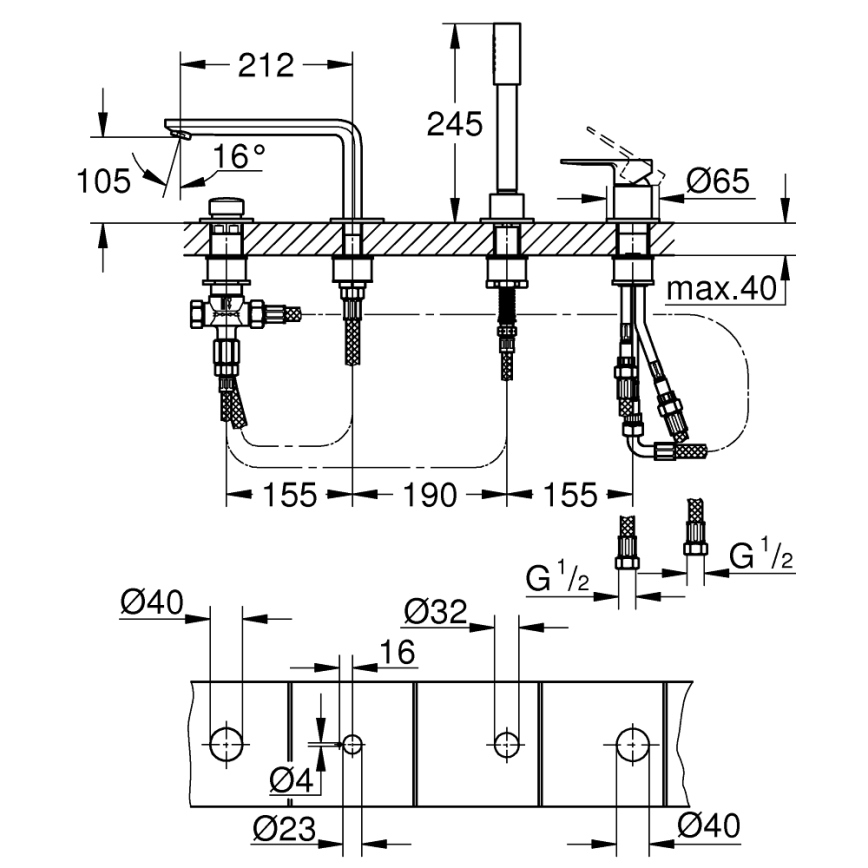 GROHE 19577001 - Чотириотвірна комбінація для ванни LINEARE, полірований хром