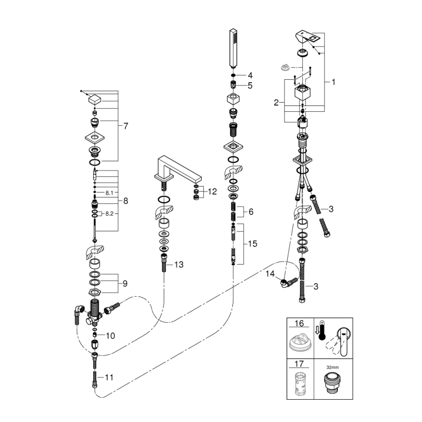 GROHE 19897001 - Чотирьохотвірний ванний змішувач EUROCUBE блискучий хром