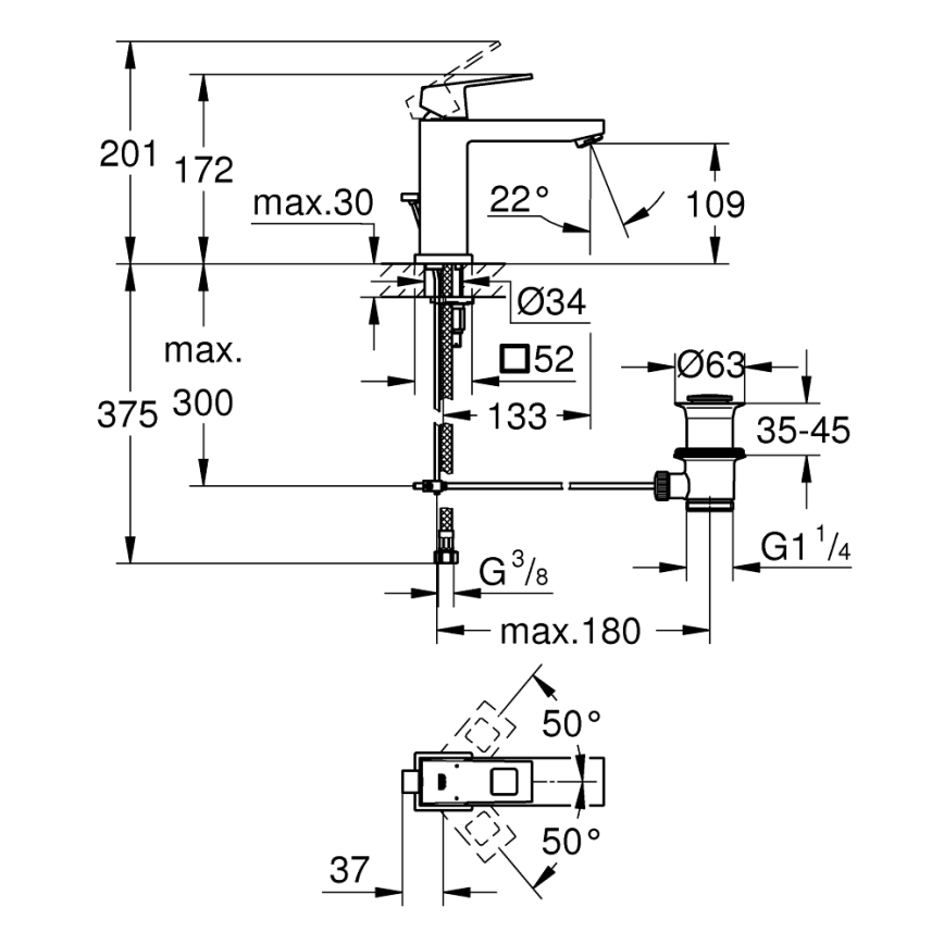 GROHE 23445AL0 - смеситель для раковины EUROCUBE, размер M, графит
