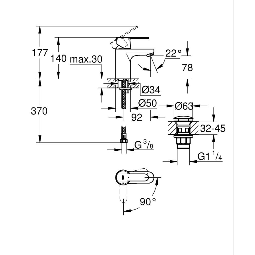 GROHE 23586000 - змішувач для умивальника GET, розмір S, блискучий хром
