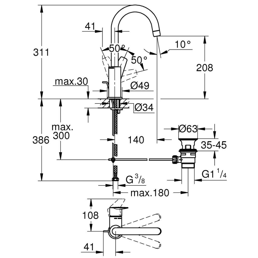 GROHE 24201001 - Смеситель для умывальника DN 15, размер L, полированный хром