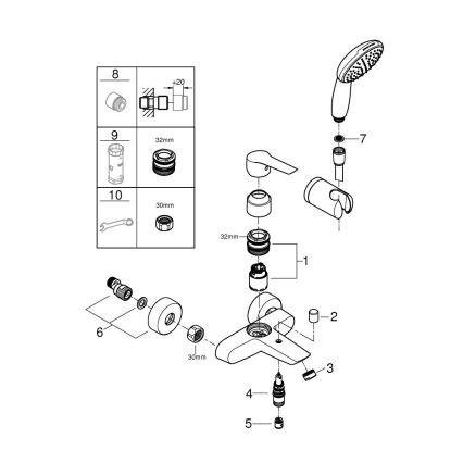 GROHE 25283002 - Змішувач для ванни з комплектом аксесуарів DN 15 глянцевий хром