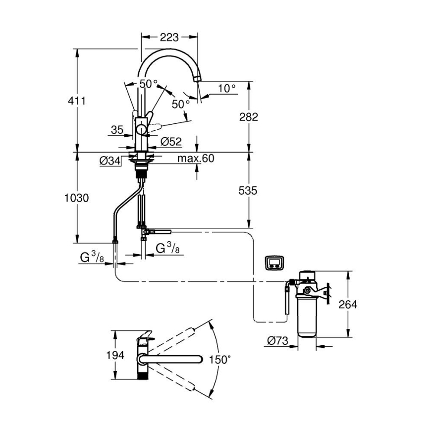 GROHE 30593000 - Кухонный смеситель BLUE PURE, C-образный излив, полированный хром