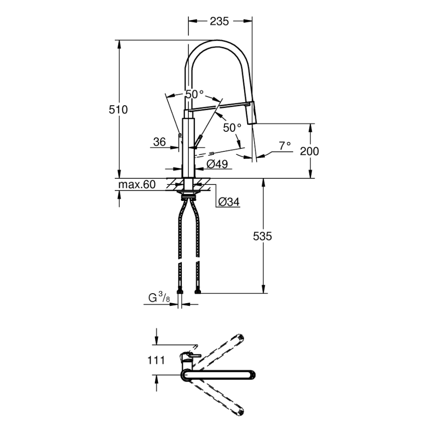 GROHE 31491000 - змішувач для кухонної мийки CONCETTO з професійною висувною лійкою блискучий хром