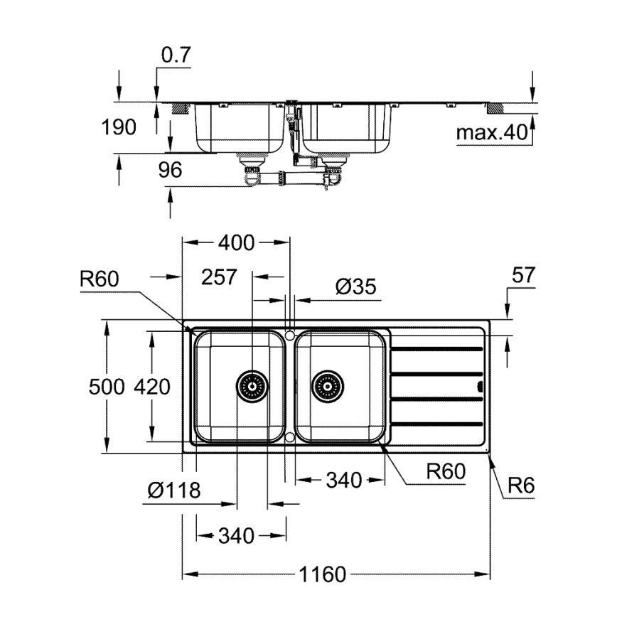 GROHE 31588SD1 - Мийка K500 1160 × 500 мм нержавіюча сталь