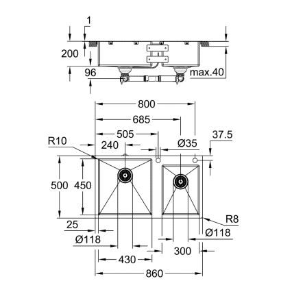 GROHE 31855SD0 - Кухонная мойка K700 860 × 500 мм из высококачественной нержавеющей стали