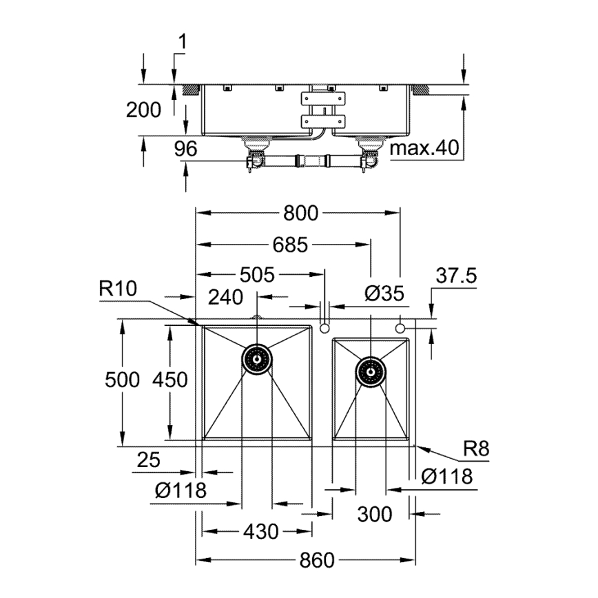 GROHE 31855SD0 - Кухонная мойка K700 860 × 500 мм из высококачественной нержавеющей стали