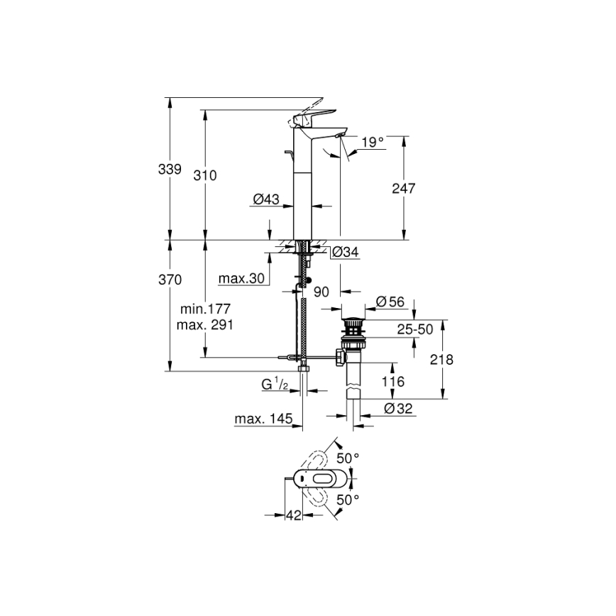 GROHE 32856000 - Смеситель для раковины BAULOOP 12” полированный хром