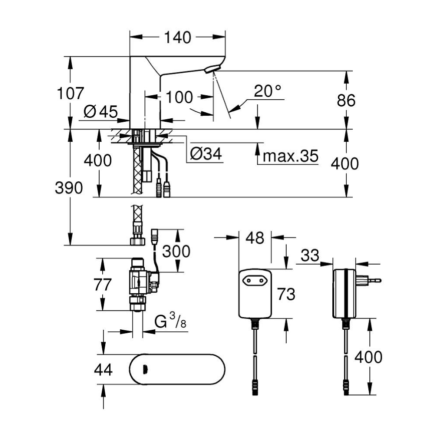 GROHE 36269000 - Електронний змішувач для умивальника EUROECO COSMOPOLITAN E 107 мм хром